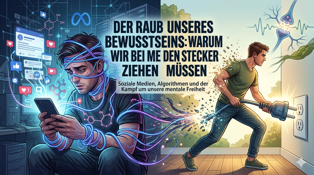 Eine zweigeteilte Illustration, die die Auswirkungen von Social Media und die Bedeutung des "Steckerziehens" darstellt. Auf der linken Seite ein gefesselter Mann, der auf sein Smartphone starrt, umgeben von Dopamin-Molekülen und Benachrichtigungen. Auf der rechten Seite ein Mann, der entschlossen einen Stecker mit dem Meta-Logo aus einer Steckdose zieht und sich aus den digitalen Fesseln befreit. Dazwischen der deutsche Text: 'Der Raub unseres Bewusstseins: Warum wir bei Meta den Stecker ziehen müssen'.
