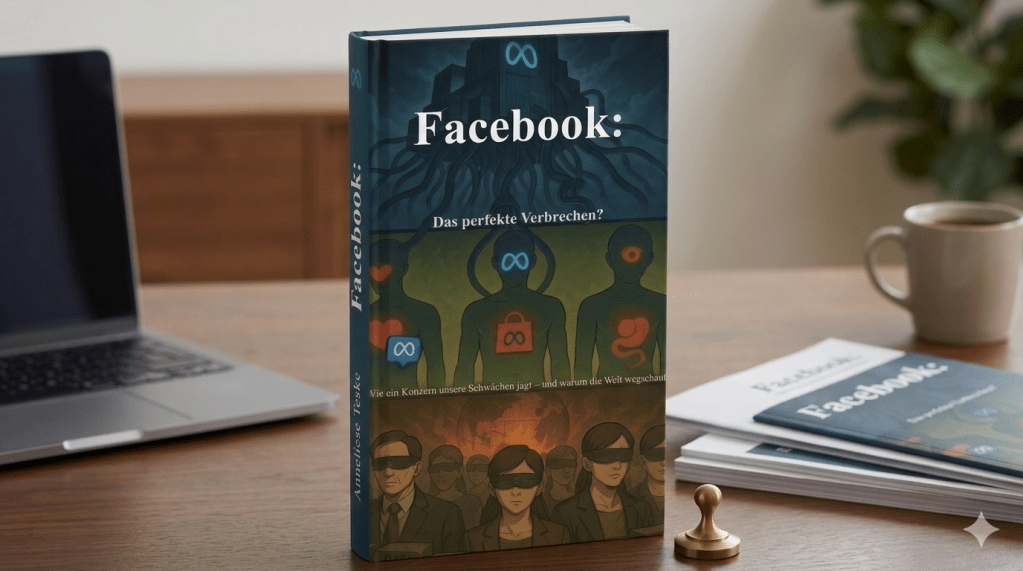 Ein gebundenes Buch mit dem Titel „Facebook: Das perfekte Verbrechen?“ steht aufrecht auf einem hölzernen Schreibtisch. Das düstere Cover-Design zeigt im oberen Drittel ein bedrohliches Konzerngebäude mit dem hellblauen Meta-Logo, von dem wurzel- oder tentakelartige Kabel nach unten abgehen. Im mittleren Teil sind drei schemenhafte Silhouetten zu sehen, die an diese Kabel angeschlossen sind; ihre Körper zeigen Symbole wie ein Herz, ein Schloss und ein Auge. Darunter steht der Untertitel: „Wie ein Konzern unsere Schwächen jagt – und warum die Welt wegschaut“. Im unteren Drittel ist eine Gruppe von Menschen mit verbundenen Augen in gedämpften Farben dargestellt. Als Autorin ist auf dem Buchrücken „Anneliese Teske“ zu lesen. Im unscharfen Hintergrund sind ein geöffneter Laptop, eine Kaffeetasse und weitere gedruckte Exemplare des Buches zu erkennen.