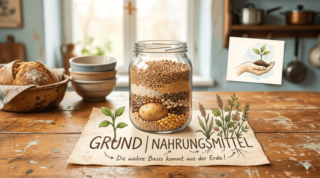 Ein dekoratives Beitragsbild auf einem rustikalen Holztisch. In der Mitte steht ein Einmachglas, gefüllt mit Schichten aus verschiedenen pflanzlichen Grundnahrungsmitteln: Getreide, Mais, Kartoffeln, Reis, Linsen und Bohnen. Darunter liegt ein Pergamentpapier mit den handgeschriebenen Wörtern „GRUND | NAHRUNGSMITTEL“, getrennt durch eine Linie, und dem Satz „Die wahre Basis kommt aus der Erde!“. Illustrierte Keimlinge und Pflanzen wachsen aus dem Text. Rechts oben klebt eine Skizze, die eine Hand zeigt, die ein Pflänzchen in Erde hält. Im Hintergrund ist eine gemütliche, unscharfe Küche mit Brot und Schüsseln zu sehen.