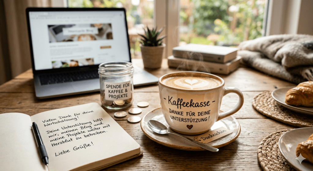 Ein gemütlich gedeckter Holztisch an einem hellen Fenster. Im Fokus steht eine Kaffeetasse mit der Aufschrift 'Kaffekasse – Danke für deine Unterstützung!', daneben ein Notizbuch mit einer handschriftlichen Dankesnachricht, ein Glas mit Münzen und im Hintergrund ein Laptop.