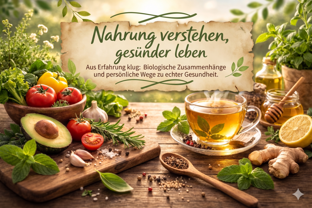 Ein einladendes Stillleben auf einem rustikalen Holztisch mit frischen Zutaten wie einer halben Avocado, Tomaten, Knoblauch, Brokkoli, Ingwer und Kräutern. Rechts steht eine dampfende Tasse Tee, daneben ein Glas Honig und eine Zitrone. Im Hintergrund scheint warmes Sonnenlicht durch einen grünen Garten. Zentral über dem Arrangement ist ein dekoratives Textbanner platziert mit der Aufschrift: „Nahrung verstehen, gesünder leben“ und der korrigierten Unterzeile „Aus Erfahrung klug: Biologische Zusammenhänge und persönliche Wege zu echter Gesundheit“.