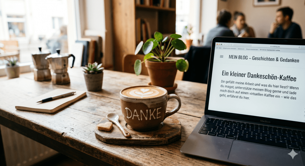 Ein gemütlicher Holztisch in einem Café, auf dem ein Laptop mit der geöffneten Blog-Seite ‚Mein Blog – Geschichten & Gedanken‘ steht. Auf dem Bildschirm ist der Text ‚Ein kleiner Dankeschön-Kaffee‘ zu lesen. Daneben steht eine Tasse Kaffee mit der Aufschrift ‚DANKE‘ auf einem Untersetzer, begleitet von einem kleinen Keks und einem Löffel. Im Hintergrund ist verschwommen die Atmosphäre eines Cafés mit Pflanzen zu erkennen.