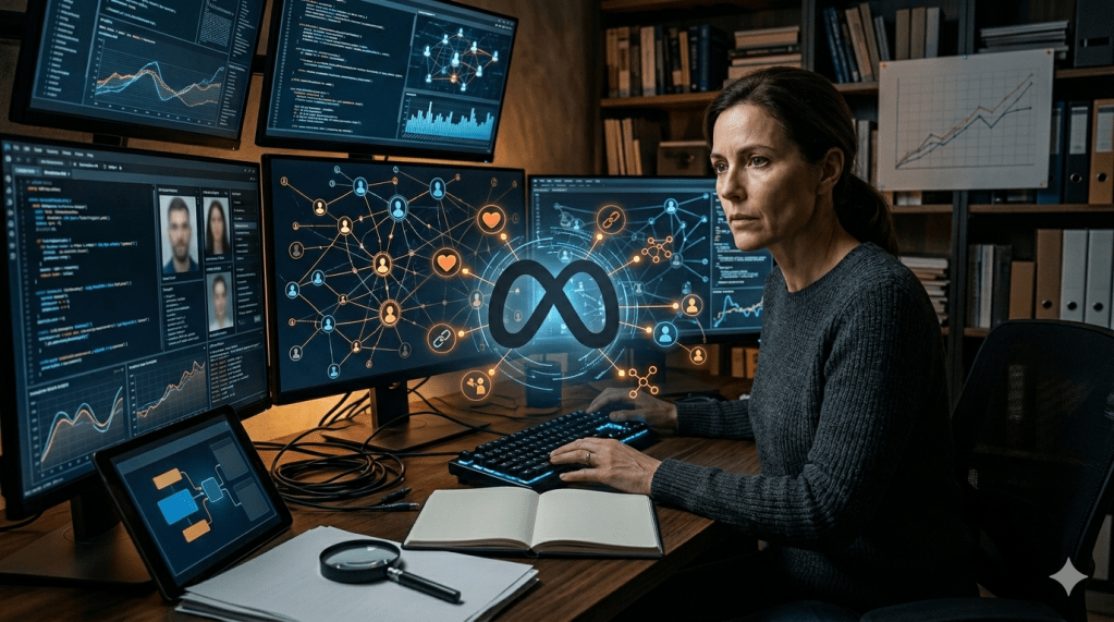 Eine konzentrierte Frau sitzt in einem abgedunkelten Arbeitszimmer vor mehreren Monitoren, auf denen komplexe Datenanalysen, Code-Strukturen und ein digitales Netzwerk-Diagramm zu sehen sind. In der Mitte des Hauptbildschirms schwebt ein leuchtendes, abstraktes Symbol, das eine Verbindung zwischen sozialen Netzwerken und digitalen Identitäten darstellt. Die Atmosphäre wirkt professionell, analytisch und ernst, passend zur Aufdeckung digitaler Betrugsmuster.