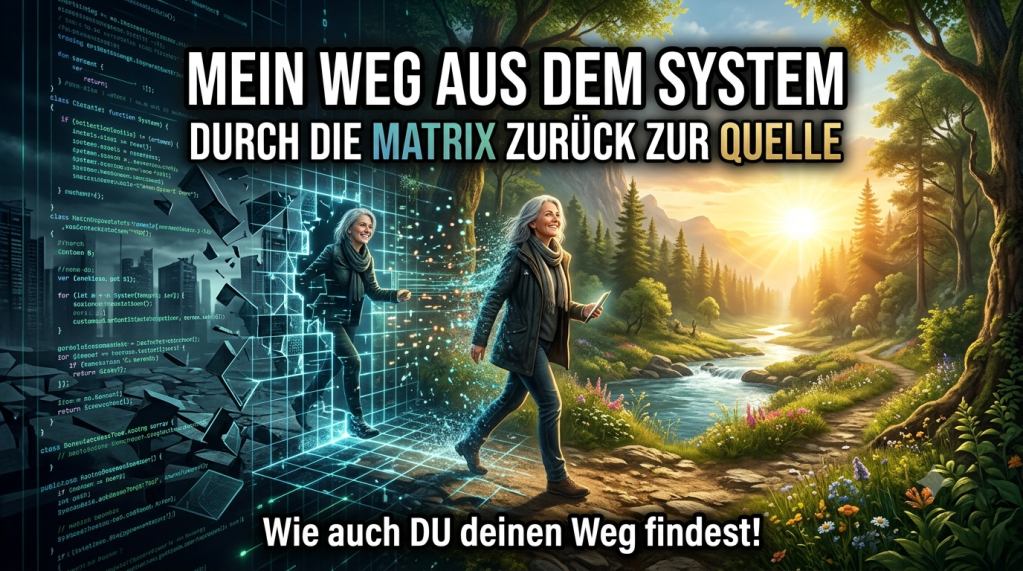 Ein digitales Kunstbild das eine Frau zeigt, die einen Übergangsweg von einer dunklen, fragmentierten 'Matrix'-Stadt in eine helle, üppige Naturlandschaft beschreitet. Die Frau, mit kurzen braunen Haaren und einer einfachen grünen Jacke, steht in der Mitte auf einem Pfad aus leuchtenden digitalen Plattformen und geht auf das strahlende Tor zu. Links ist eine futuristische Stadt mit vertikalen Datenströmen, Technologie und fragmentierten Strukturen, über der der blaue Text 'MEIN WEG AUS DEM SYSTEM' steht. Ein großer kreisförmiger Bildschirm im Hintergrund zeigt Matrix-Code. Rechts öffnet sich ein strahlendes Tor in eine friedliche, lichtdurchflutete Waldlandschaft mit einem klaren Fluss, über dem der goldene Text 'ZURÜCK ZUR QUELLE' steht. Der Übergangsweg ist eine Brücke aus leuchtenden Datenfragmenten. Die Gesamtkomposition symbolisiert eine Befreiung aus technologischen Fesseln hin zur natürlichen Essenz.