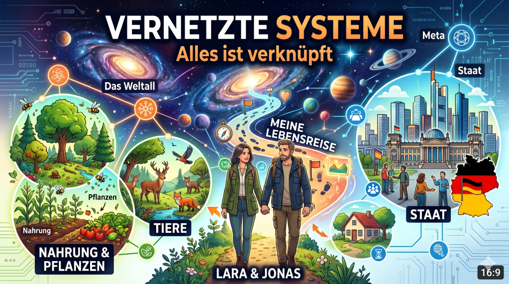 Thema ‚Vernetzte Systeme‘. Im Zentrum stehen die erwachsenen Protagonisten Lara und Jonas, die gemeinsam einen Weg entlanggehen, der ihre Lebensreise symbolisiert. Um sie herum sind verschiedene Systeme in kreisförmigen Illustrationen angeordnet: Nahrung und Pflanzen, Tiere, der Staat mit einer Stadtansicht und der Deutschlandkarte, sowie das Weltall und Metasysteme. Das Bild ist durch Linien verbunden, um die Vernetzung aller Aspekte zu verdeutlichen, ergänzt durch die Überschrift ‚VERNETZTE SYSTEME – Alles ist verknüpft‘.